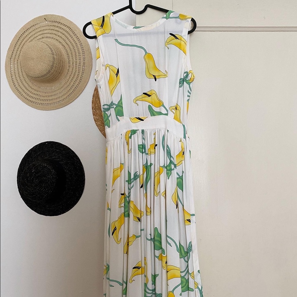 Vintage Floral Midi Dress by Unknown Brand - White, Yellow, Green